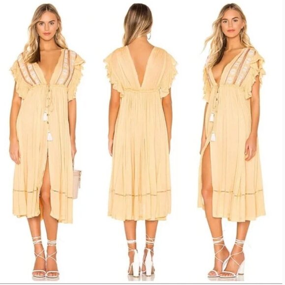 Free People Boho Dreams Deep V Embroidered Creamy Buttercup Midi Dress XS - Picture 1 of 12